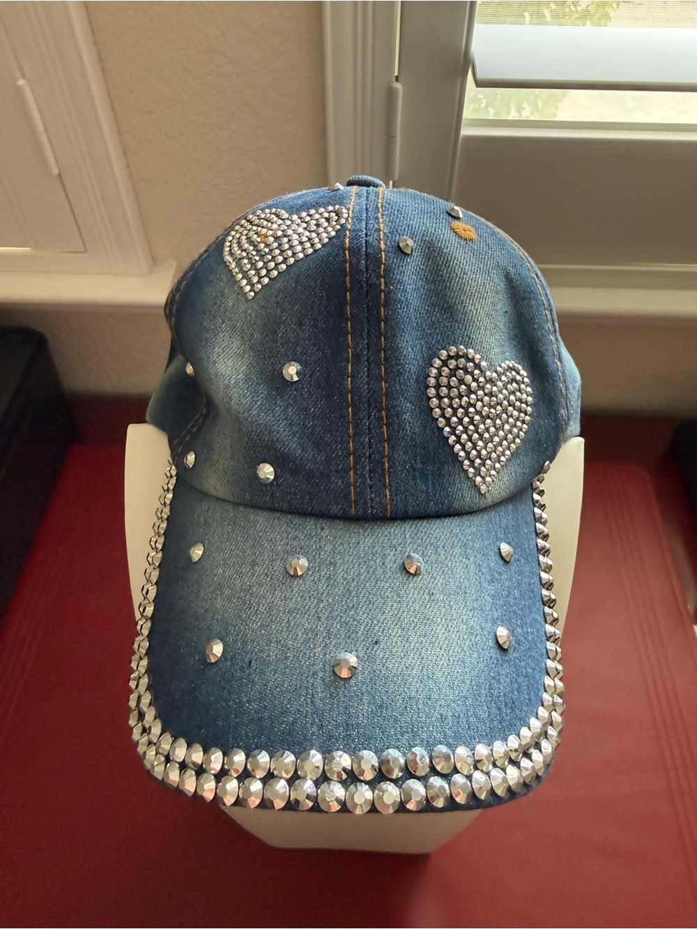 Denim Women’s Studs Rhinestone Heart Baseball Cap - Blue NWOT
